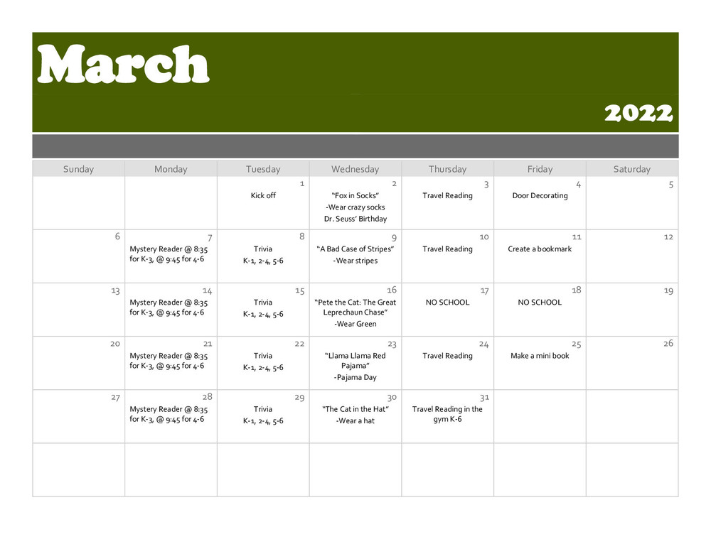 Reading Month Calendar